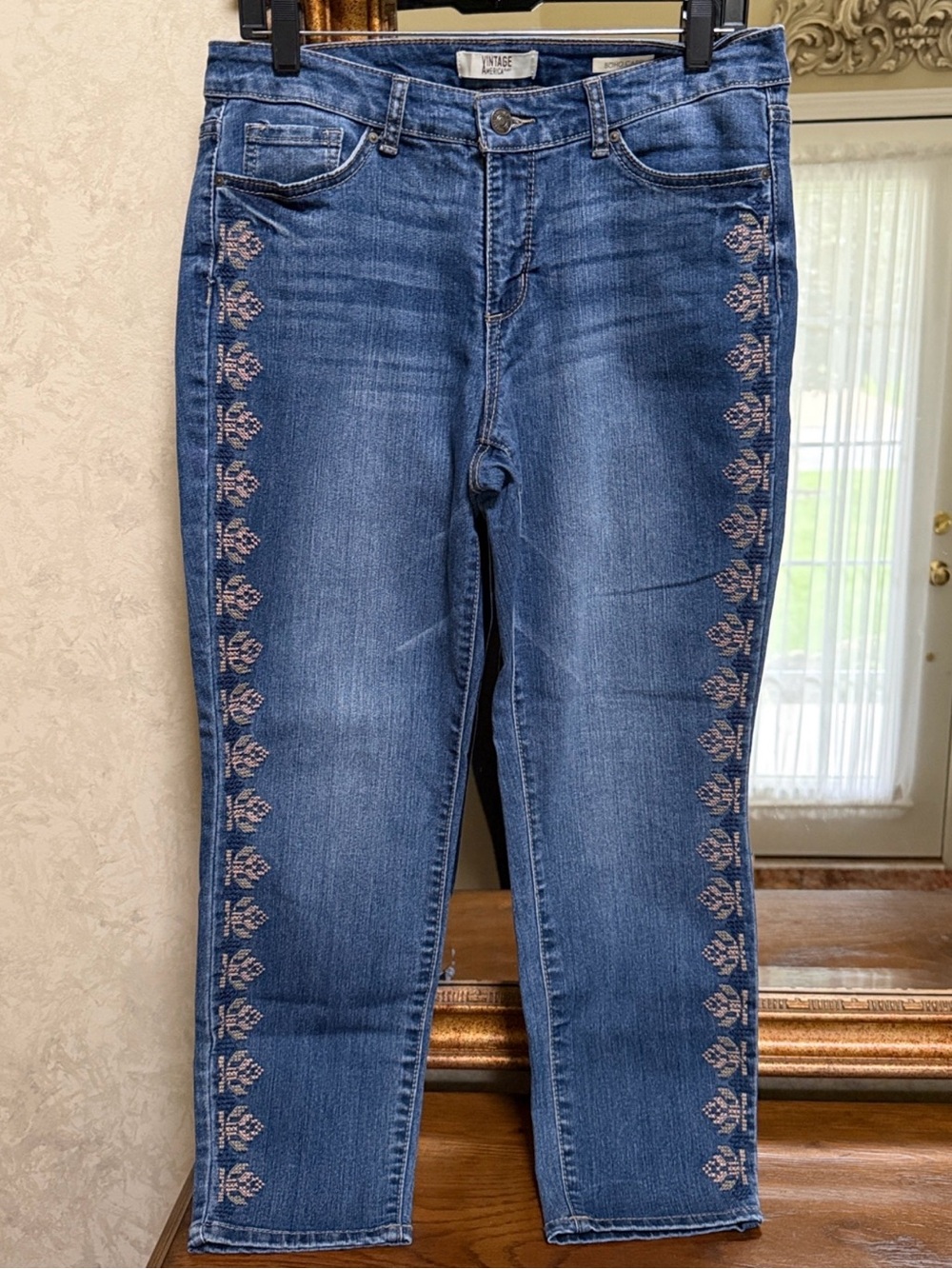 Vintage America Blue Jeans with Pink Embroidered Side Trim. Size 10.